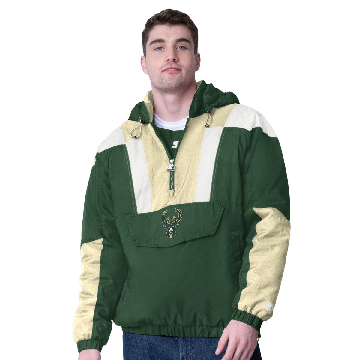 Milwaukee Bucks Starter Charger Half-Zip Pullover Jacket- Hunter Green/Cream - NBA