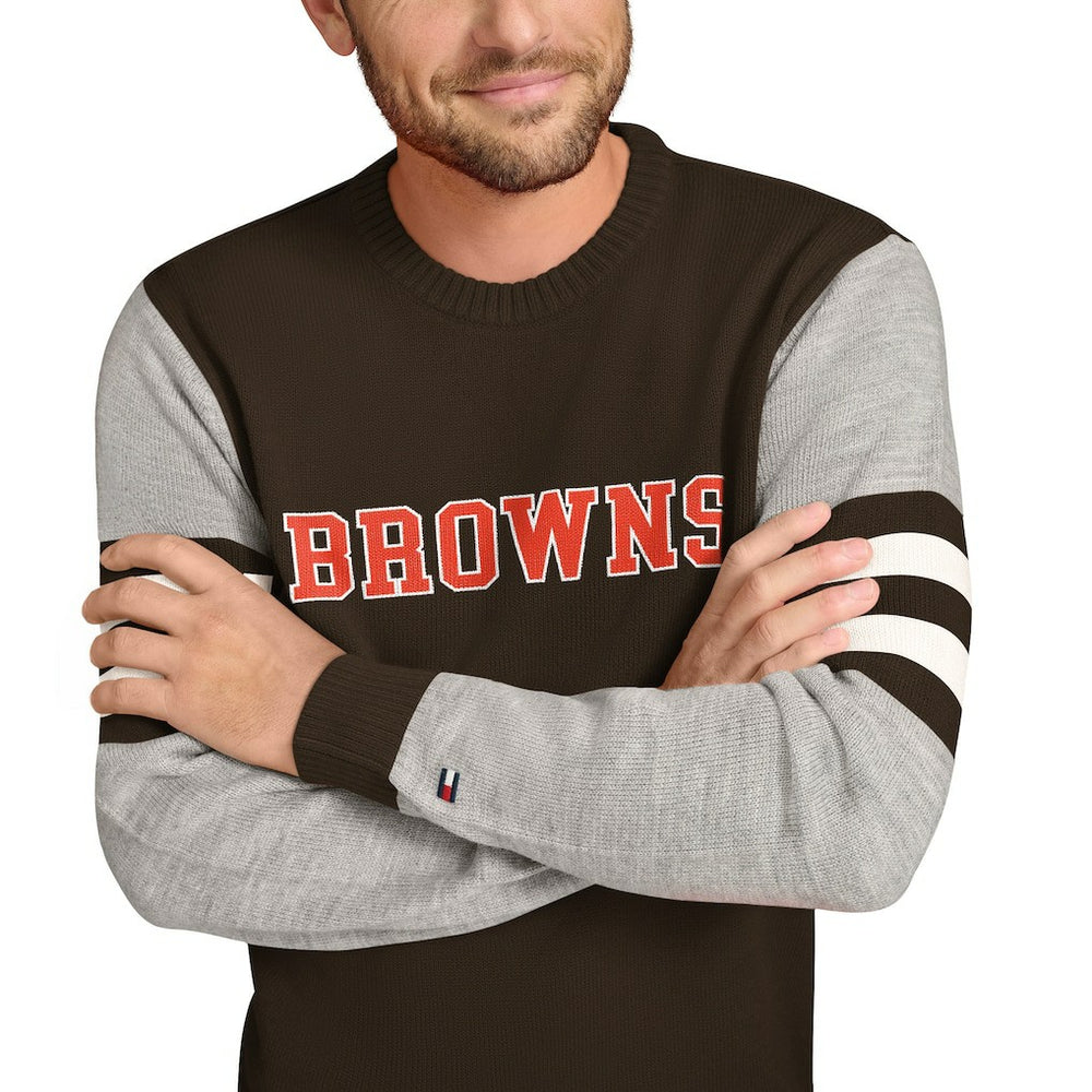 Cleveland Browns Tommy Hilfiger Acrylic Crewneck Pullover Sweater Brown/Heather Gray | NFL