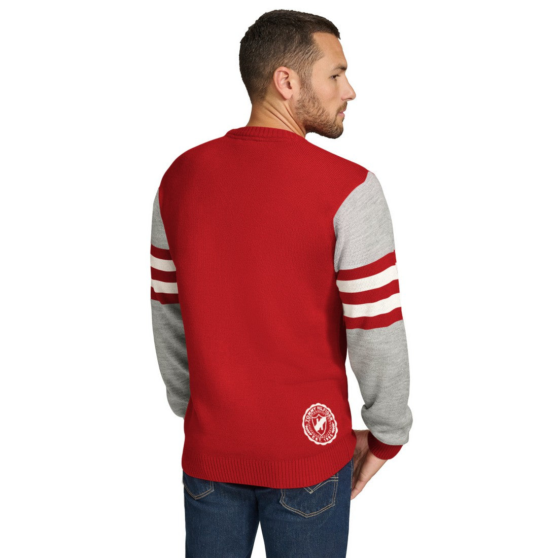Tampa Bay Buccaneers Tommy Hilfiger Acrylic Crewneck Pullover Sweater Red/Heather Gray | NFL