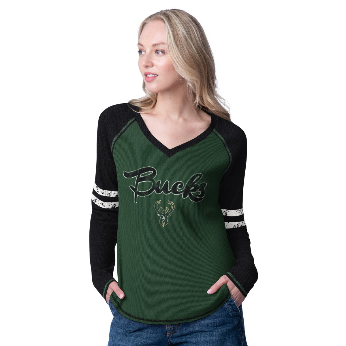 Milwaukee Bucks G-III 4Her by Carl Banks Women's Winner Waffle Knit Thermal Long Sleeve Tri-Blend T-Shirt Hunter Green/Cream - NBA