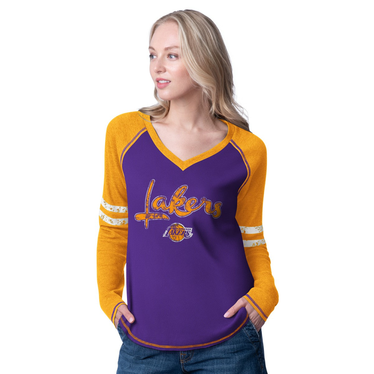 Los Angeles Lakers G-III 4Her by Carl Banks Women's Winner Waffle Knit Thermal Long Sleeve Tri-Blend T-Shirt Purple/Gold - NBA