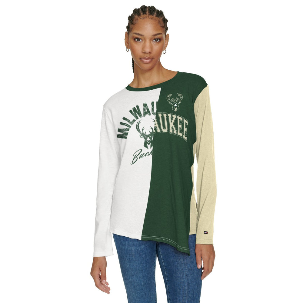 Milwaukee Bucks Tommy Jeans Women's Amelia Color Blocked Long Sleeve T-Shirt White/Hunter Green - NBA