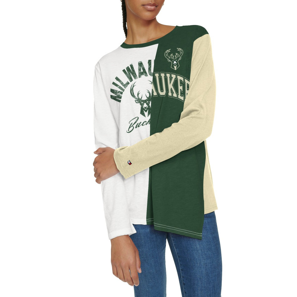 Milwaukee Bucks Tommy Jeans Women's Amelia Color Blocked Long Sleeve T-Shirt White/Hunter Green - NBA