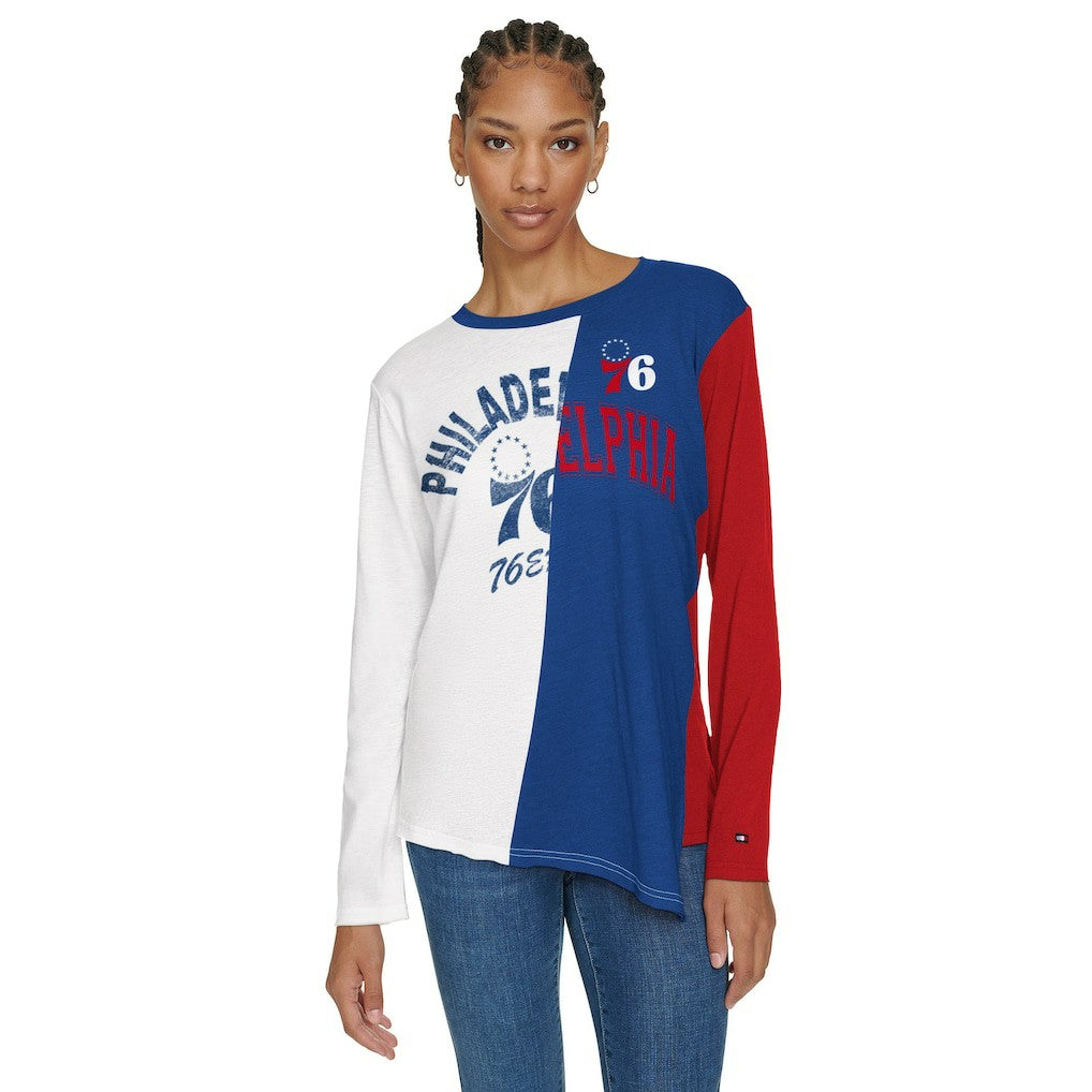 Philadelphia 76ers Tommy Jeans Women's Amelia Color Blocked Long Sleeve T-Shirt White/Royal - NBA