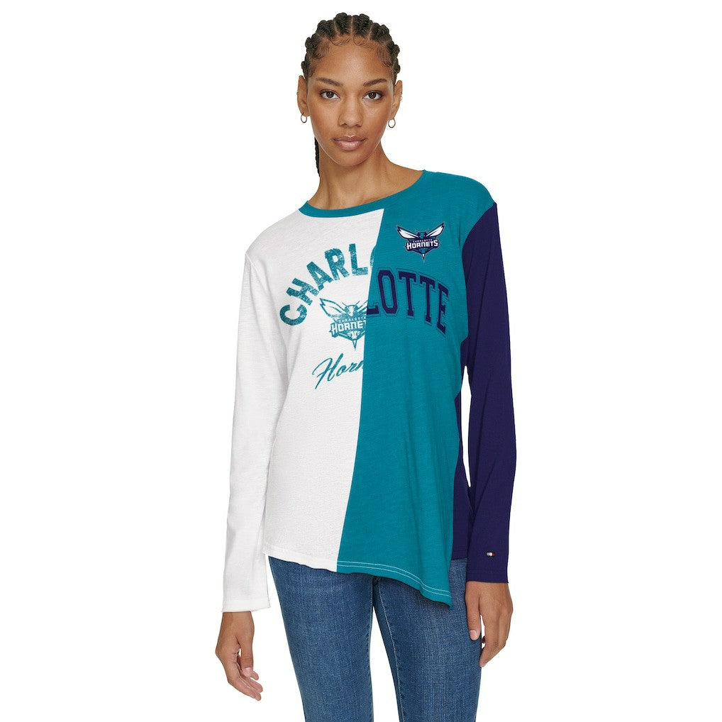 Charlotte Hornets Tommy Jeans Women's Amelia Color Blocked Long Sleeve T-Shirt White/Teal - NBA