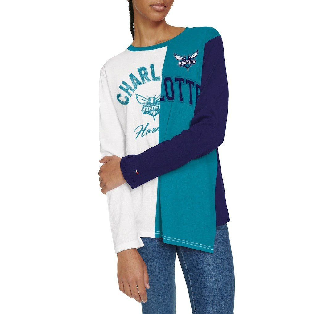 Charlotte Hornets Tommy Jeans Women's Amelia Color Blocked Long Sleeve T-Shirt White/Teal - NBA