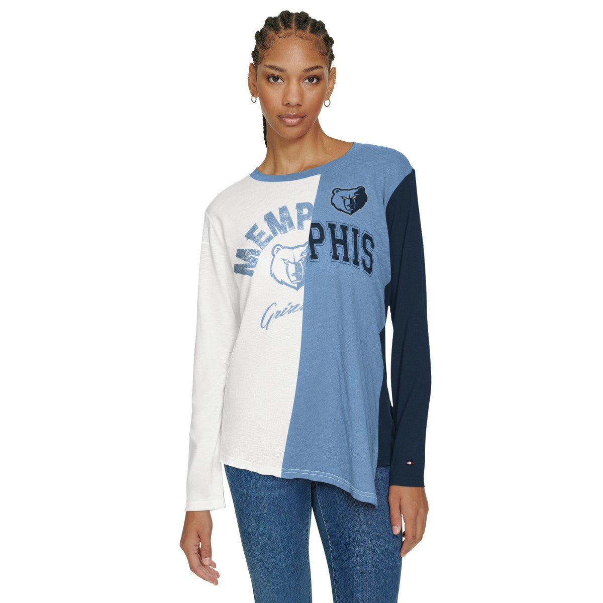 Memphis Grizzlies Tommy Jeans Women's Amelia Color Blocked Long Sleeve T-Shirt White/Light Blue - NBA