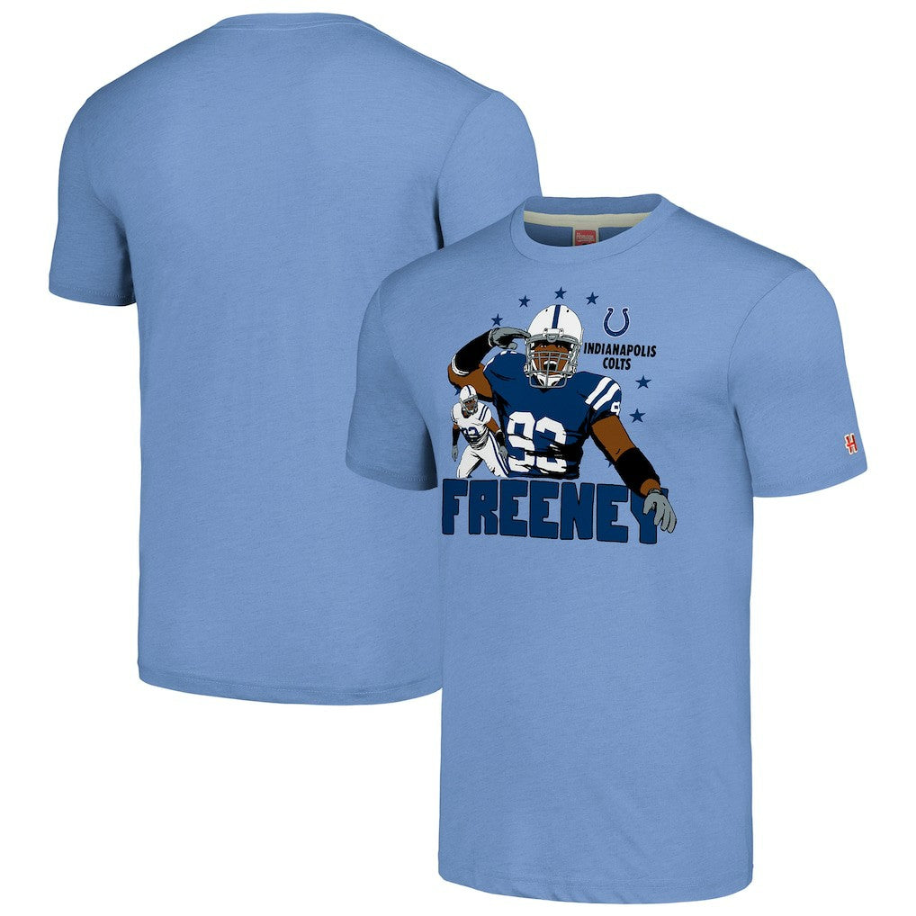Dwight Freeney Indianapolis Colts Homage Unisex Caricature Retired Player Tri-Blend T-Shirt Light Blue | NFL
