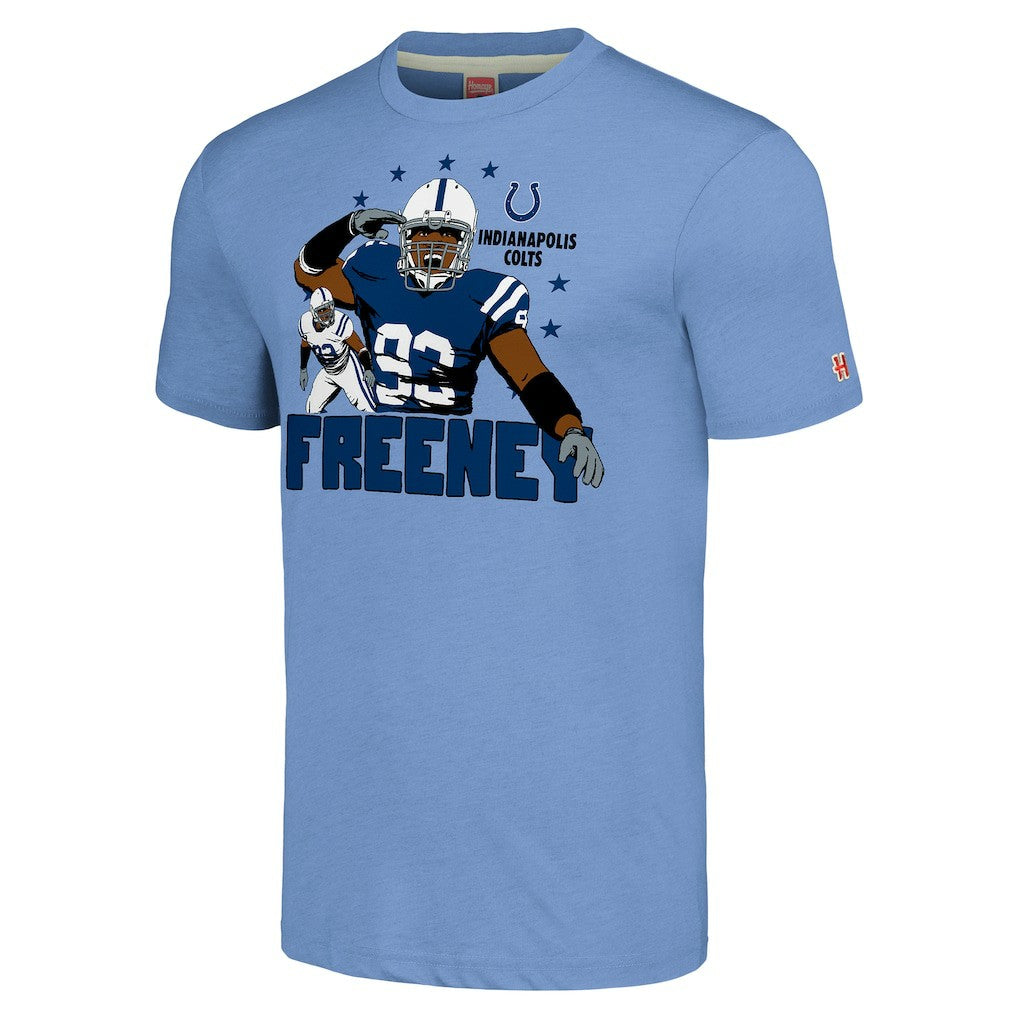 Dwight Freeney Indianapolis Colts Homage Unisex Caricature Retired Player Tri-Blend T-Shirt Light Blue | NFL