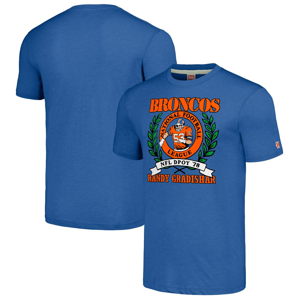 Randy Gradishar Denver Broncos Homage Unisex Caricature Retired Player Tri-Blend T-Shirt Royal | NFL