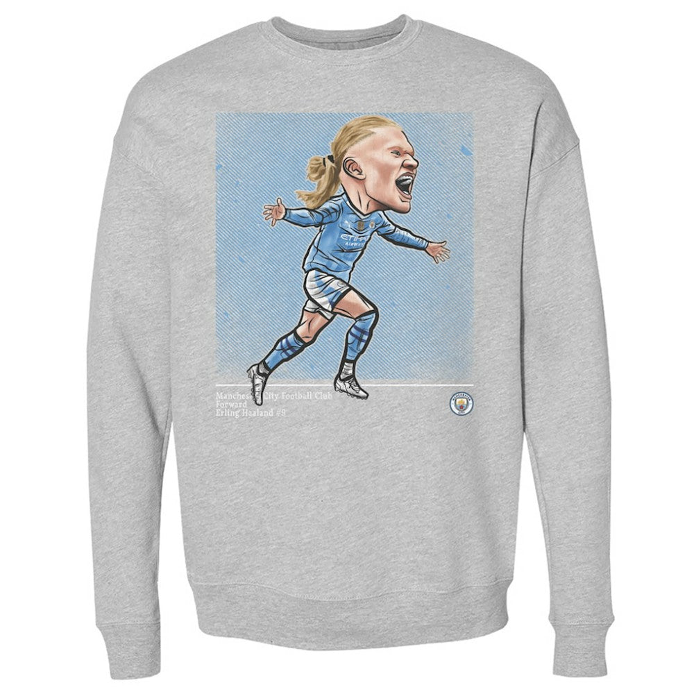 Erling Haaland Manchester City 500 Level Cartoon Player Pullover Crewneck Sweatshirt Heather Gray - FIFA World CUP