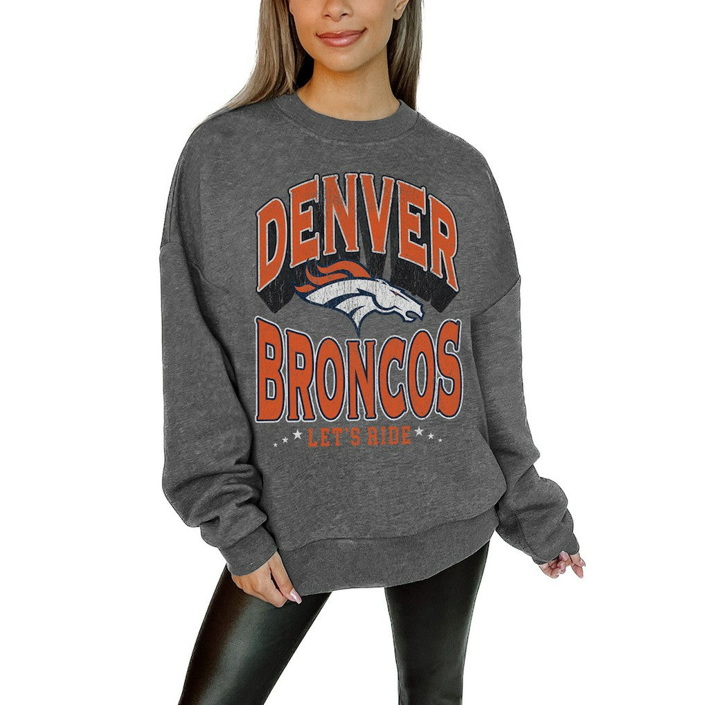 Denver Broncos Gameday Couture Women's Oversized Long Weekend Premium Fleece Drop Shoulder Pullover Sweatshirt Charcoal | NFL