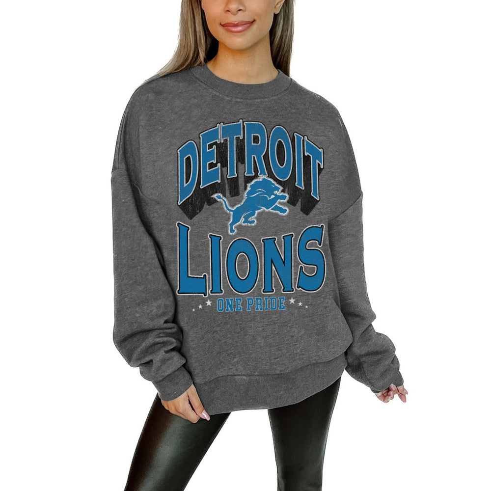 Detroit Lions Gameday Couture Women's Oversized Long Weekend Premium Fleece Drop Shoulder Pullover Sweatshirt Charcoal | NFL