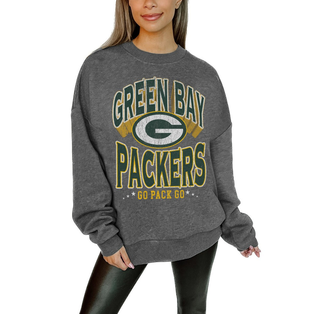 Green Bay Packers Gameday Couture Women's Oversized Long Weekend Premium Fleece Drop Shoulder Pullover Sweatshirt Charcoal | NFL