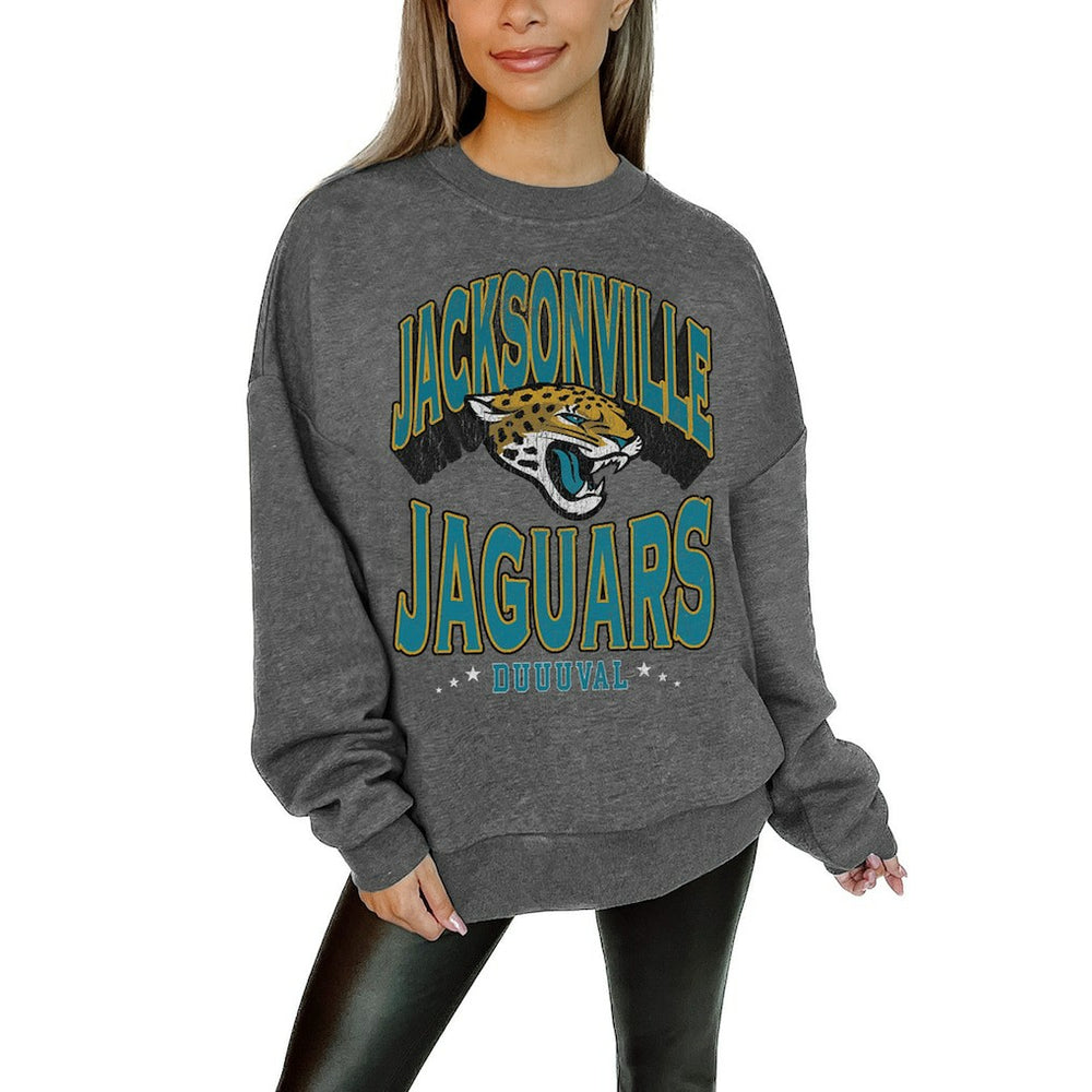 Jacksonville Jaguars Gameday Couture Women's Oversized Long Weekend Premium Fleece Drop Shoulder Pullover Sweatshirt Charcoal | NFL