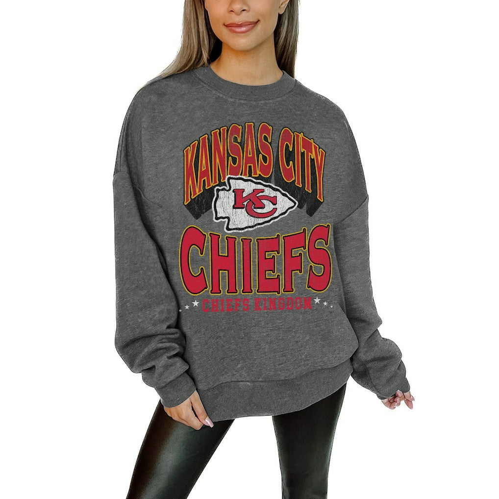 Kansas City Chiefs Gameday Couture Women's Oversized Long Weekend Premium Fleece Drop Shoulder Pullover Sweatshirt Charcoal | NFL