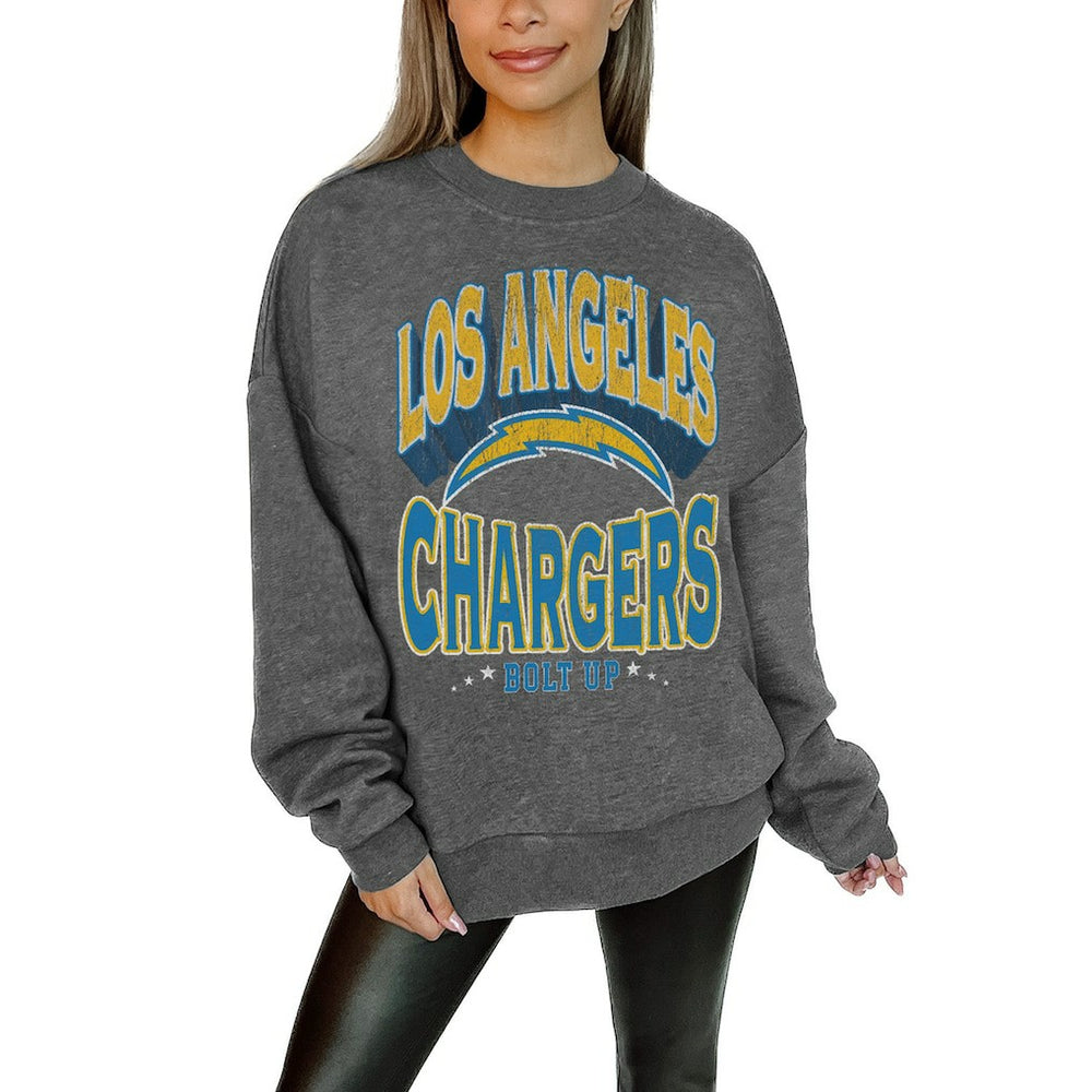 Los Angeles Chargers Gameday Couture Women's Oversized Long Weekend Premium Fleece Drop Shoulder Pullover Sweatshirt Charcoal | NFL