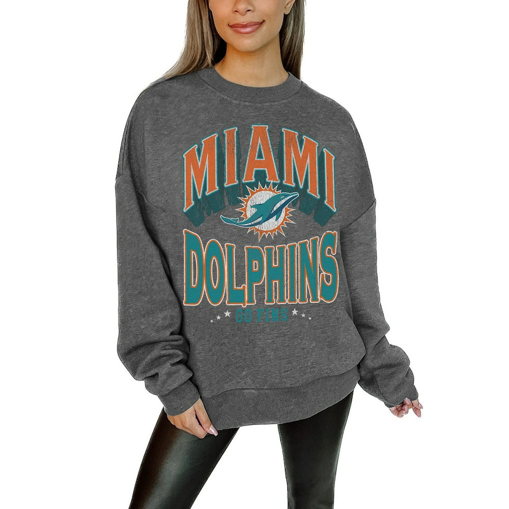Miami Dolphins Gameday Couture Women's Oversized Long Weekend Premium Fleece Drop Shoulder Pullover Sweatshirt Charcoal | NFL