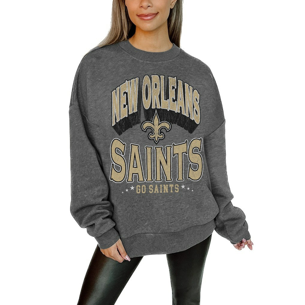 New Orleans Saints Gameday Couture Women's Oversized Long Weekend Premium Fleece Drop Shoulder Pullover Sweatshirt Charcoal | NFL