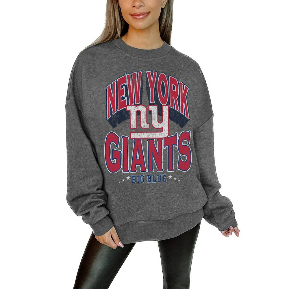 New York Giants Gameday Couture Women's Oversized Long Weekend Premium Fleece Drop Shoulder Pullover Sweatshirt Charcoal | NFL