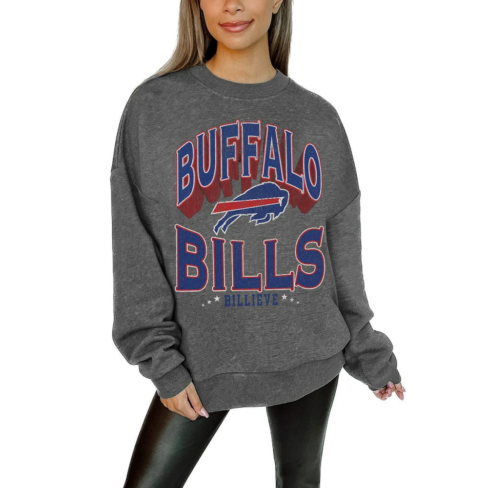 Buffalo Bills Gameday Couture Women's Oversized Long Weekend Premium Fleece Drop Shoulder Pullover Sweatshirt Charcoal | NFL