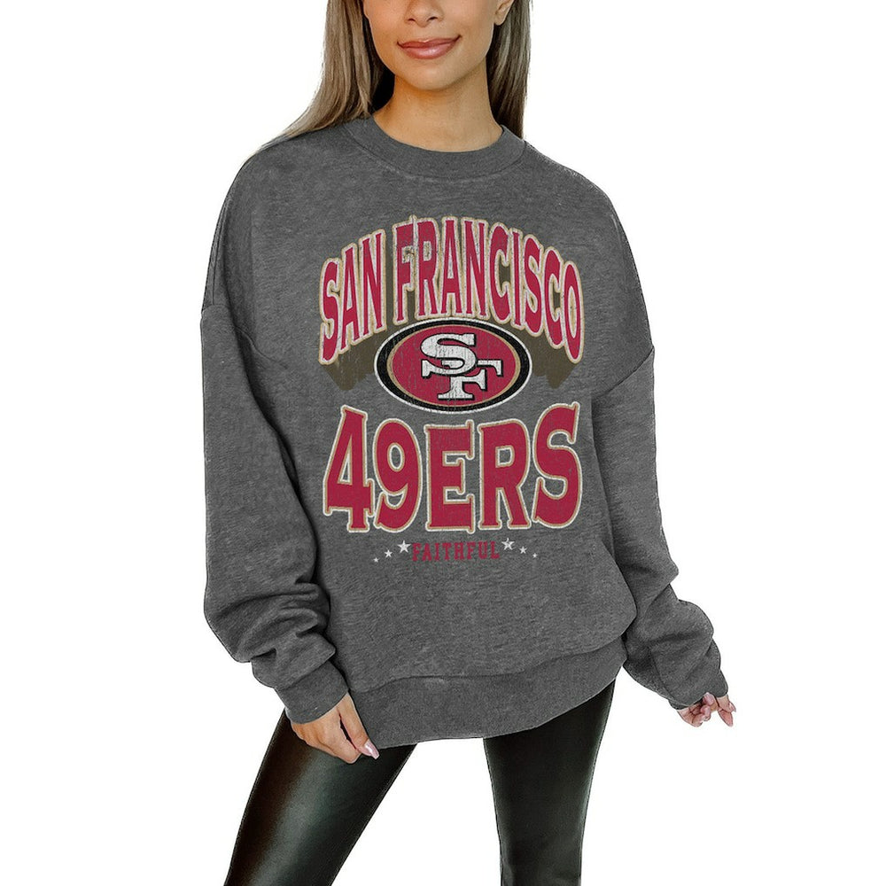 San Francisco 49ers Gameday Couture Women's Oversized Long Weekend Premium Fleece Drop Shoulder Pullover Sweatshirt Charcoal | NFL
