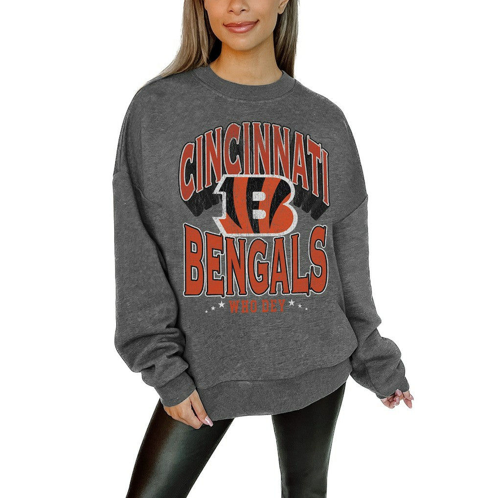 Cincinnati Bengals Gameday Couture Women's Oversized Long Weekend Premium Fleece Drop Shoulder Pullover Sweatshirt Charcoal | NFL