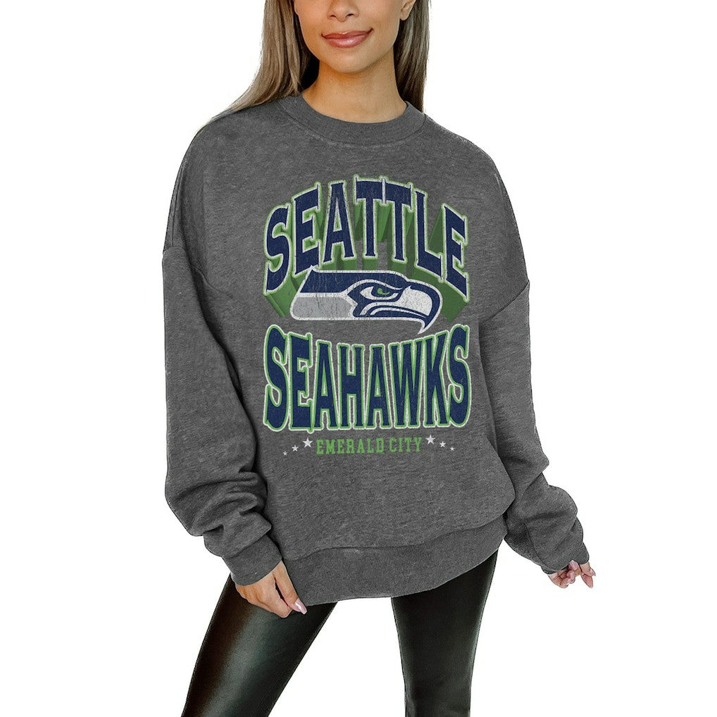 Seattle Seahawks Gameday Couture Women's Oversized Long Weekend Premium Fleece Drop Shoulder Pullover Sweatshirt Charcoal | NFL
