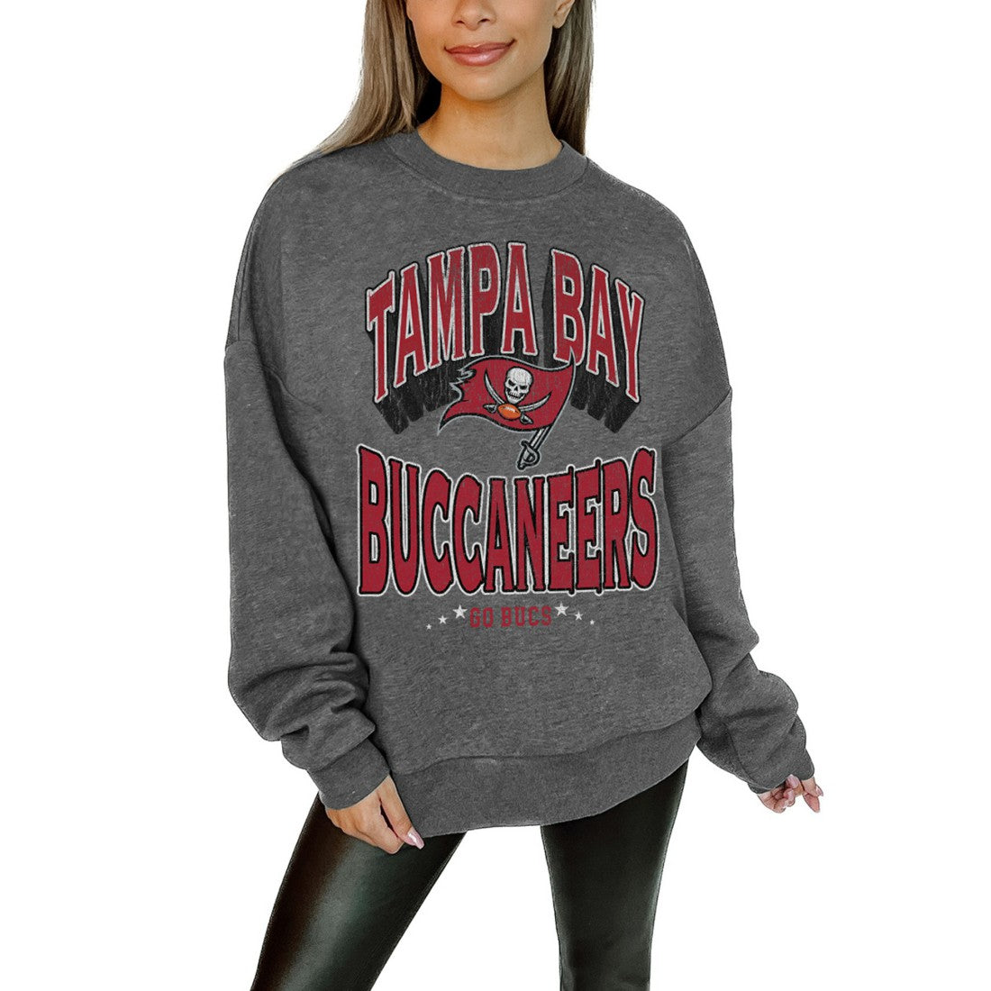 Tampa Bay Buccaneers Gameday Couture Women's Oversized Long Weekend Premium Fleece Drop Shoulder Pullover Sweatshirt Charcoal | NFL