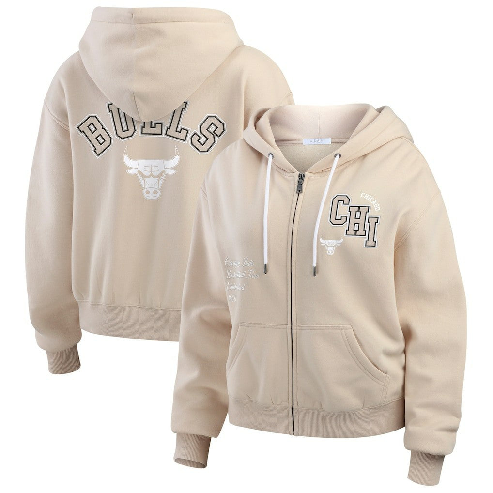 Chicago Bulls WEAR by Erin Andrews Women's Tonal Felt Patch Full-Zip Hoodie Tan - NBA
