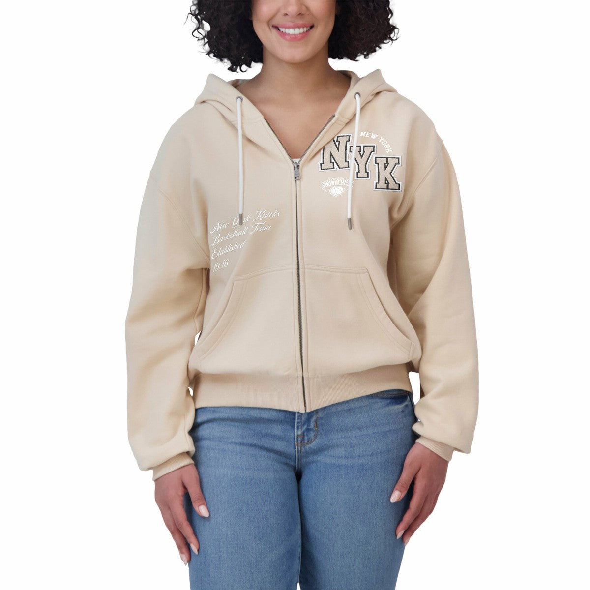 New York Knicks WEAR by Erin Andrews Women's Plus Size Tonal Felt Patch Full-Zip Hoodie Cream - NBA