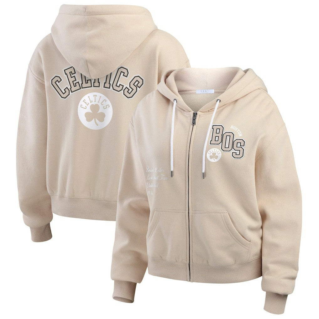 Boston Celtics WEAR by Erin Andrews Women's Plus Size Tonal Felt Patch Full-Zip Hoodie Cream - NBA