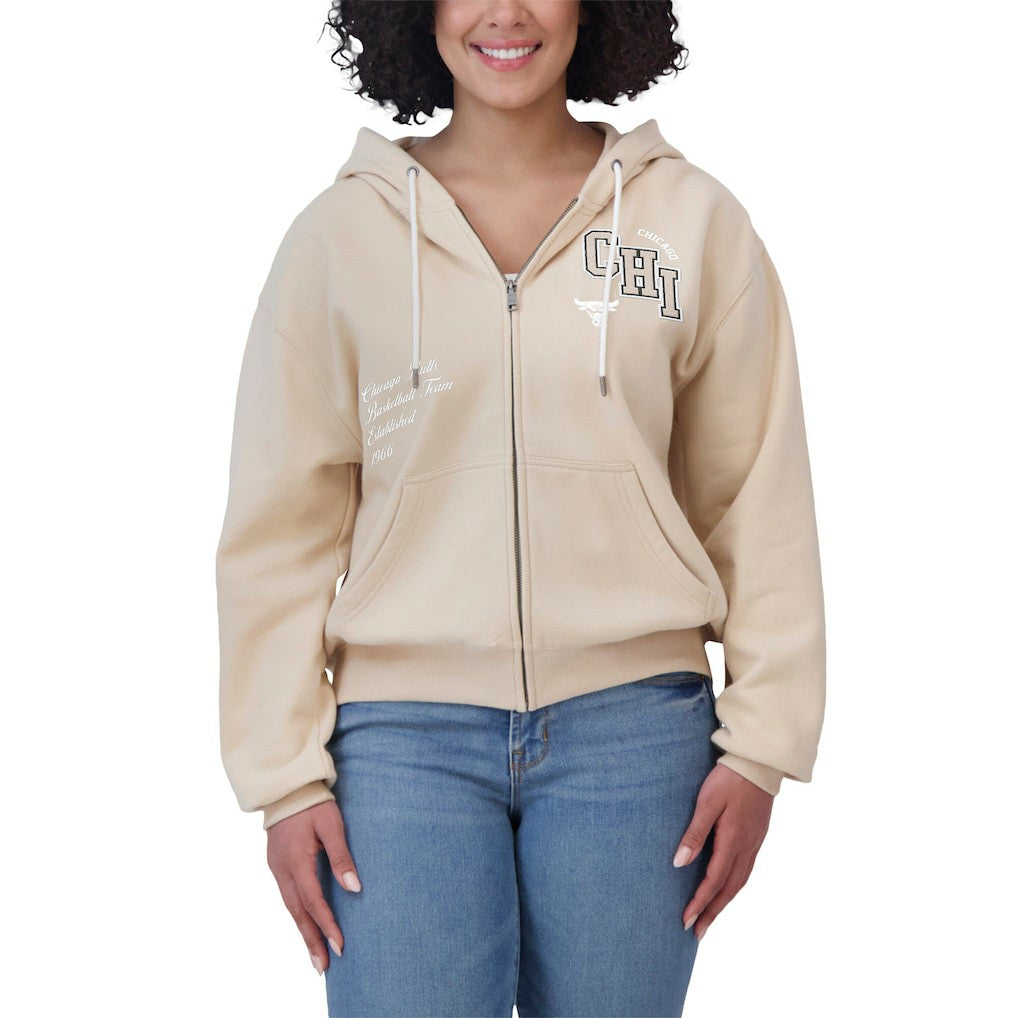 Chicago Bulls WEAR by Erin Andrews Women's Plus Size Tonal Felt Patch Full-Zip Hoodie Cream - NBA