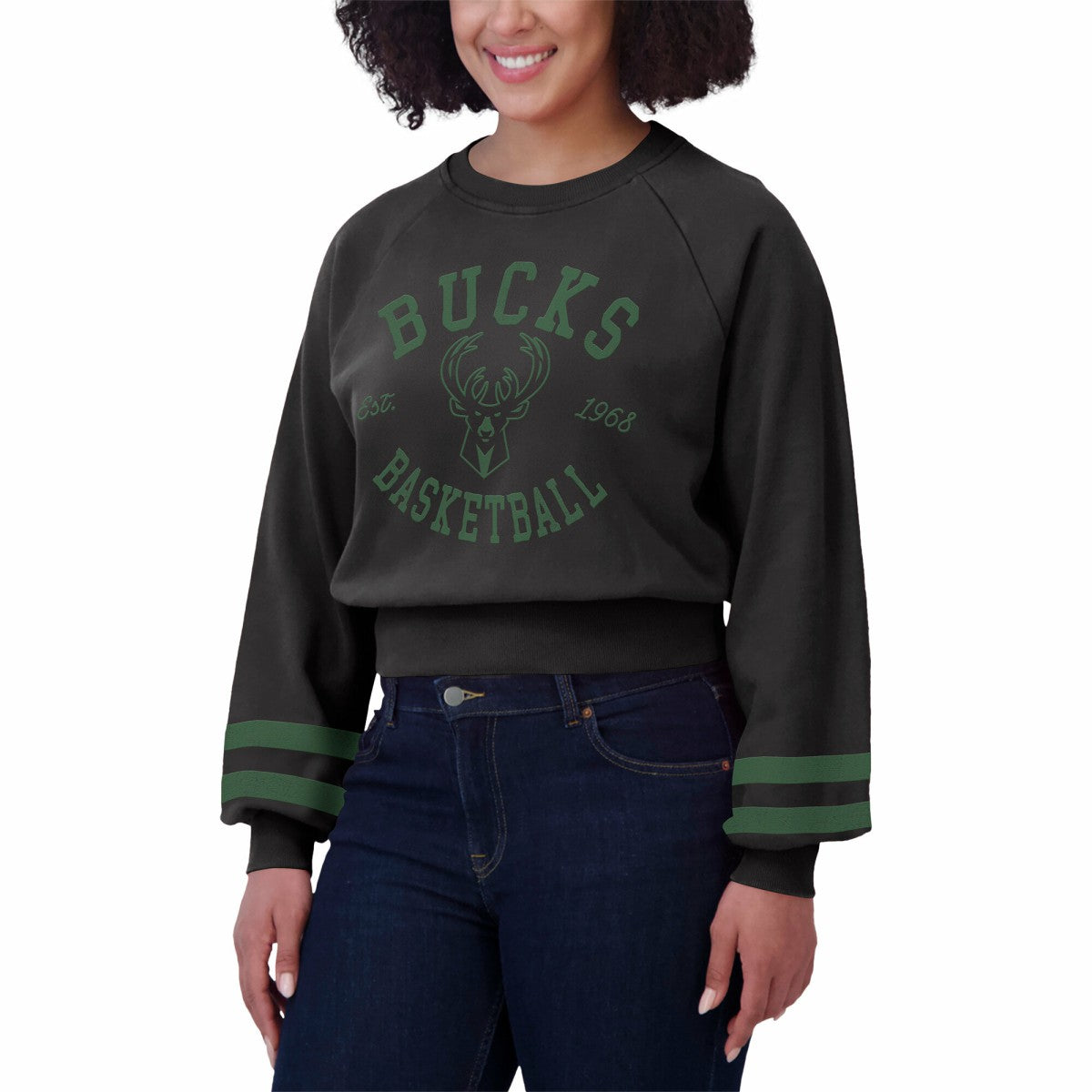 Milwaukee Bucks WEAR by Erin Andrews Women's Vintage Raglan Cropped Pullover Sweatshirt Black - NBA