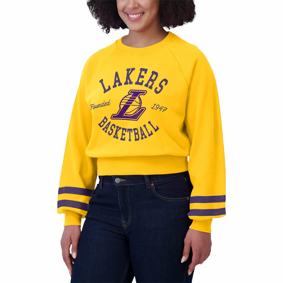 Los Angeles Lakers WEAR by Erin Andrews Women's Vintage Raglan Cropped Pullover Sweatshirt Gold - NBA