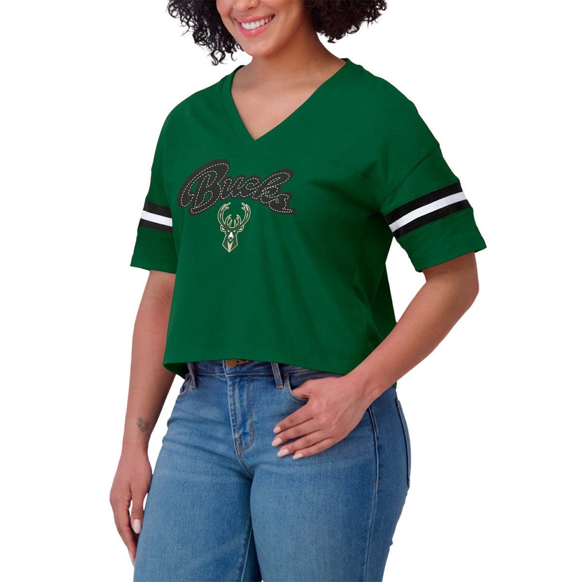 Milwaukee Bucks WEAR by Erin Andrews Women's Color Block Boxy V-Neck T-Shirt Hunter Green - NBA