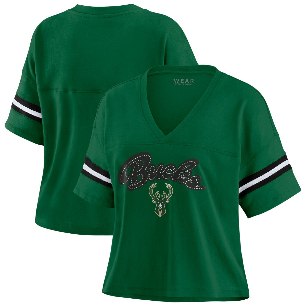 Milwaukee Bucks WEAR by Erin Andrews Women's Plus Size Color Block Boxy V-Neck T-Shirt Hunter Green - NBA