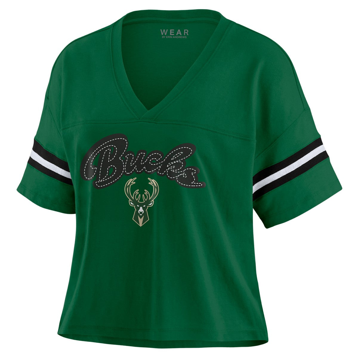 Milwaukee Bucks WEAR by Erin Andrews Women's Plus Size Color Block Boxy V-Neck T-Shirt Hunter Green - NBA