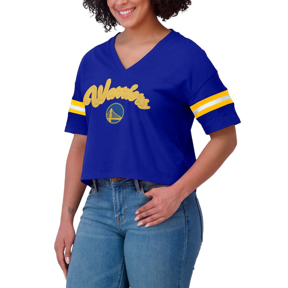 Golden State Warriors WEAR by Erin Andrews Women's Plus Size Color Block Boxy V-Neck T-Shirt Royal - NBA
