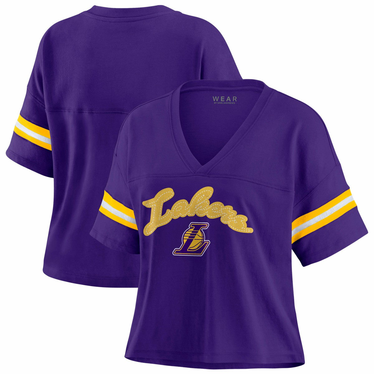 Los Angeles Lakers WEAR by Erin Andrews Women's Plus Size Color Block Boxy V-Neck T-Shirt Purple - NBA