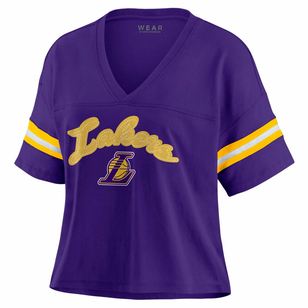 Los Angeles Lakers WEAR by Erin Andrews Women's Plus Size Color Block Boxy V-Neck T-Shirt Purple - NBA