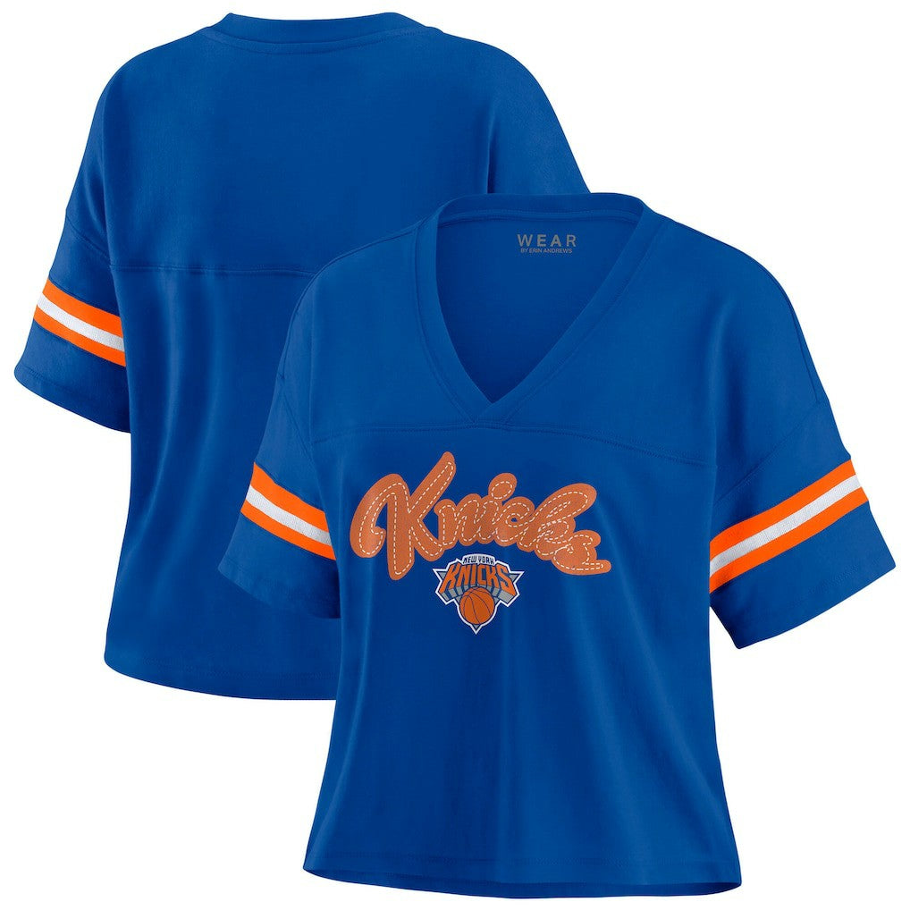 New York Knicks WEAR by Erin Andrews Women's Plus Size Color Block Boxy V-Neck T-Shirt Blue - NBA