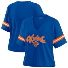 New York Knicks WEAR by Erin Andrews Women's Plus Size Color Block Boxy V-Neck T-Shirt Blue - NBA