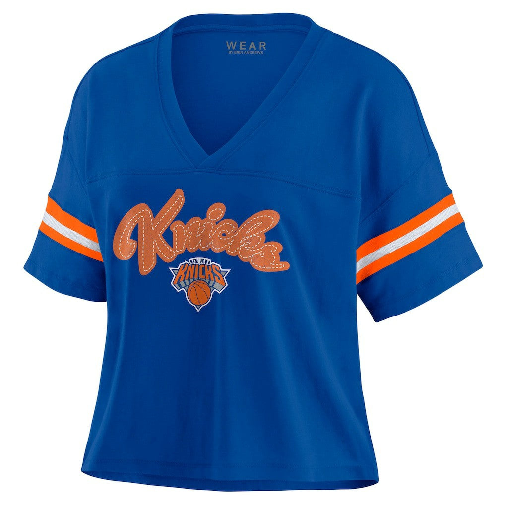 New York Knicks WEAR by Erin Andrews Women's Plus Size Color Block Boxy V-Neck T-Shirt Blue - NBA