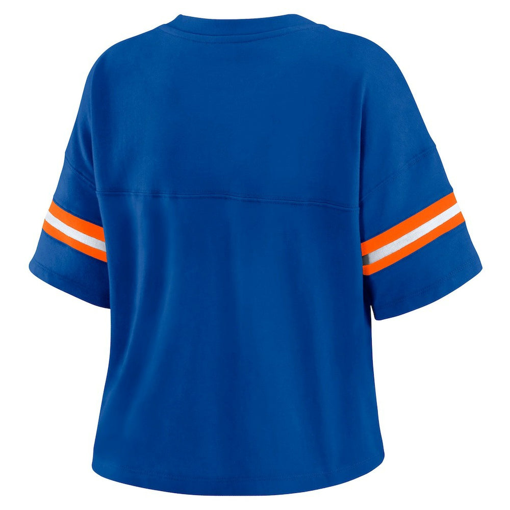 New York Knicks WEAR by Erin Andrews Women's Plus Size Color Block Boxy V-Neck T-Shirt Blue - NBA