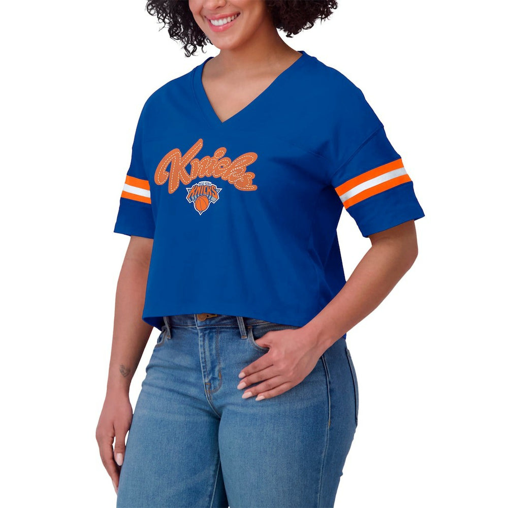 New York Knicks WEAR by Erin Andrews Women's Plus Size Color Block Boxy V-Neck T-Shirt Blue - NBA