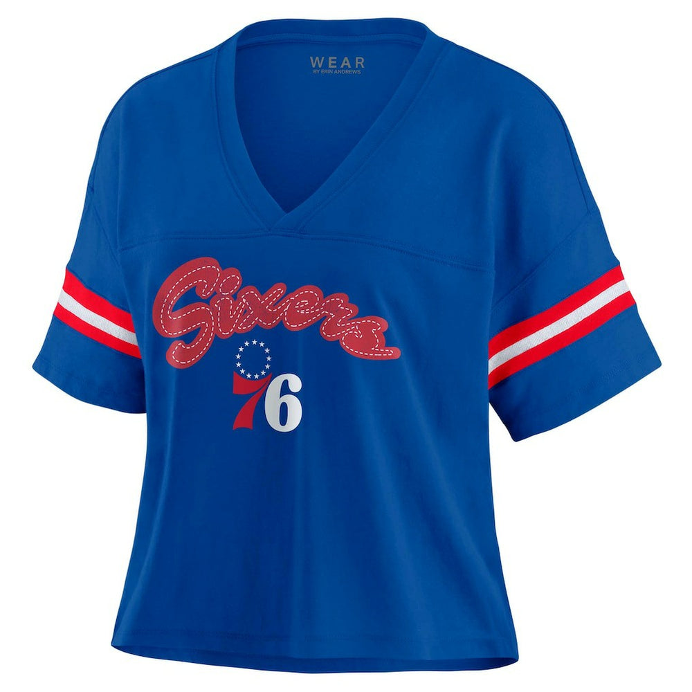 Philadelphia 76ers WEAR by Erin Andrews Women's Plus Size Color Block Boxy V-Neck T-Shirt Royal - NBA