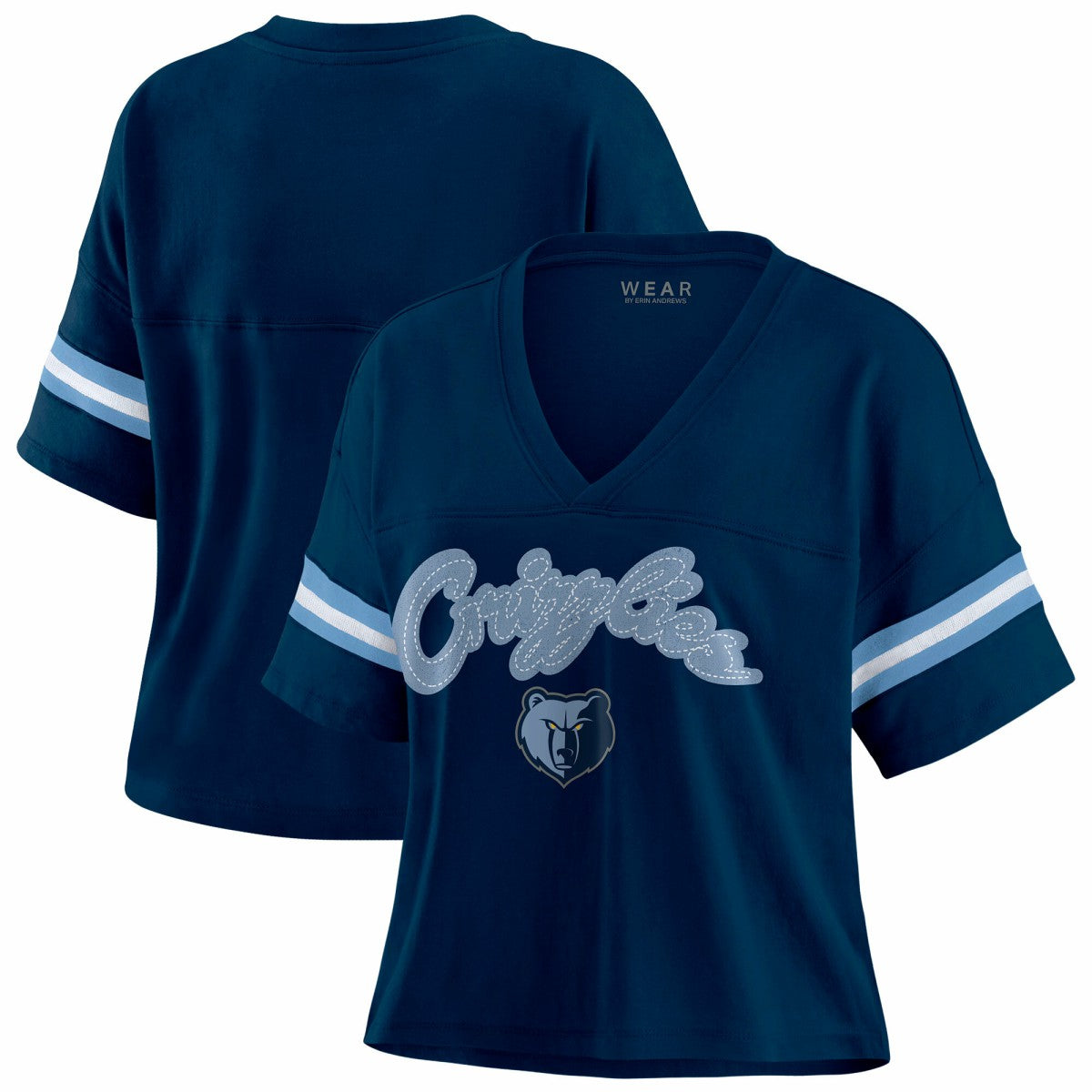 Memphis Grizzlies WEAR by Erin Andrews Women's Plus Size Color Block Boxy V-Neck T-Shirt Navy - NBA