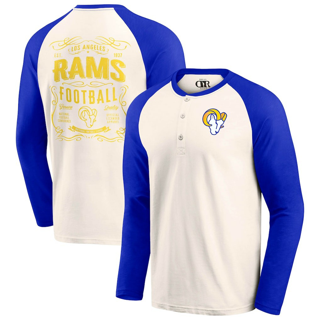 Los Angeles Rams Darius Rucker Collection Raglan Henley T-Shirt Cream/Royal | Fanatics
