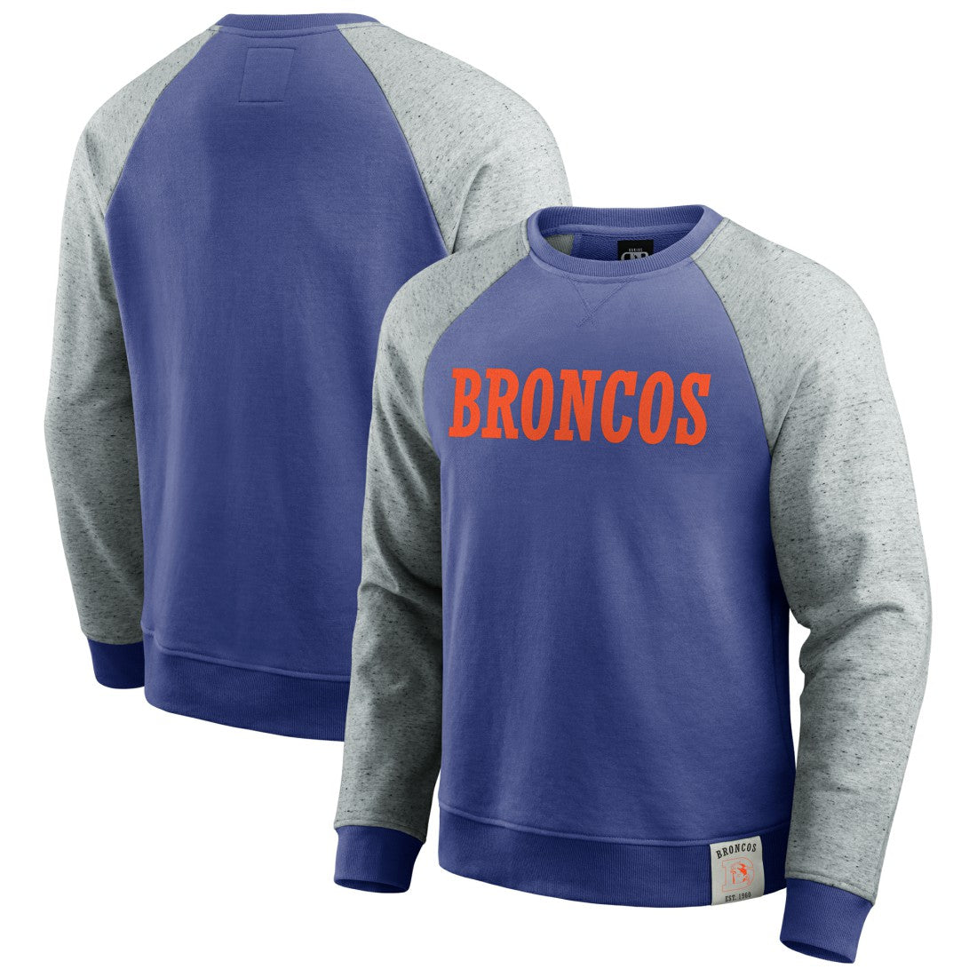 Denver Broncos Darius Rucker Collection Throwback Color Block Raglan Pullover Sweatshirt Royal/Heather Gray | Fanatics